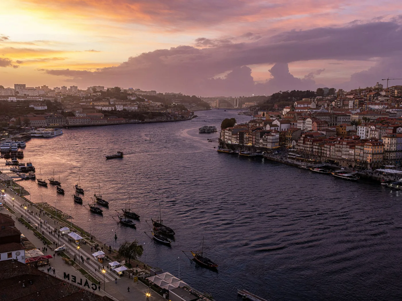 The colourful Ribeira waterfront of Porto at dusk